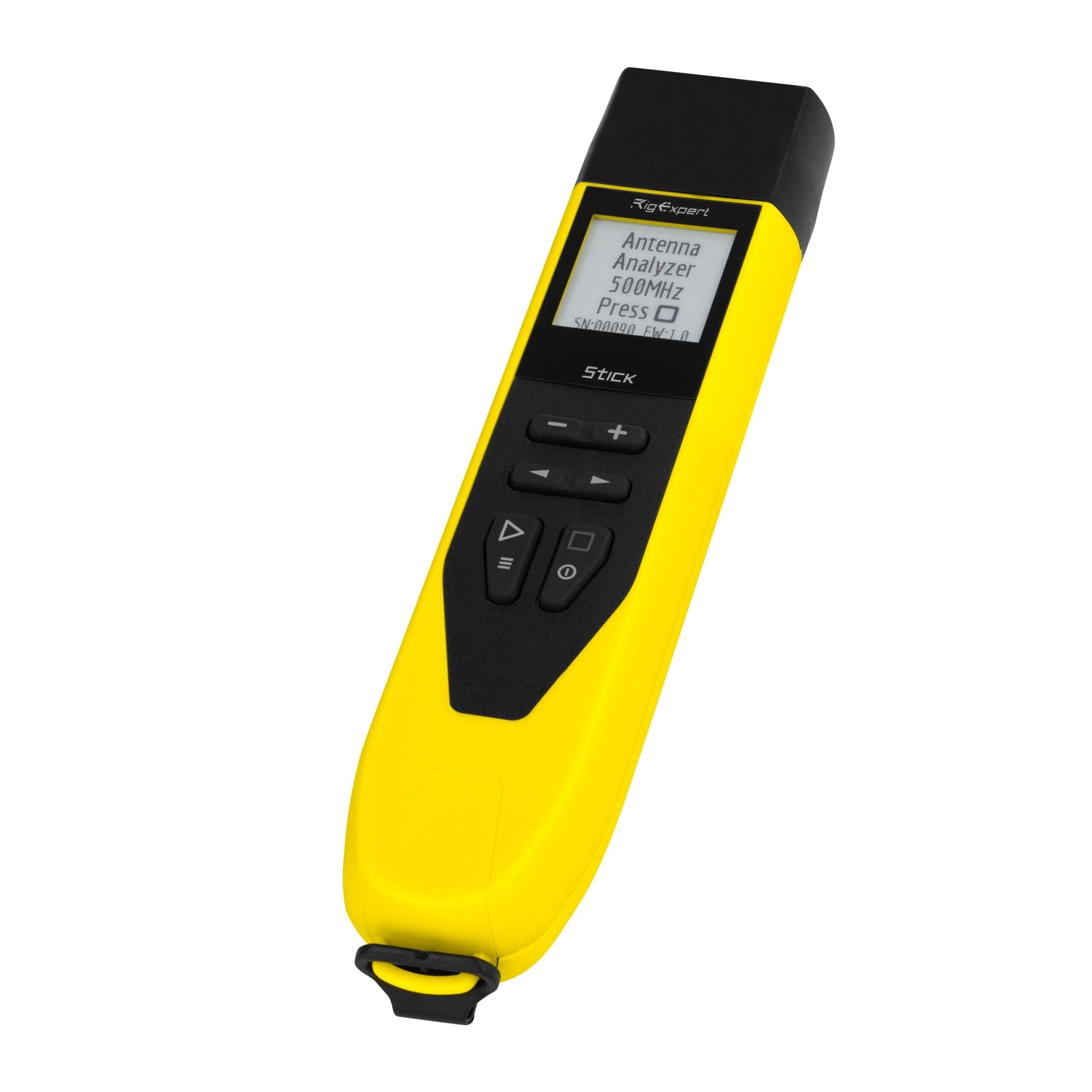 Alt Tag: Antenna Analyzer RigExpert Stick 500, giallo, display acceso