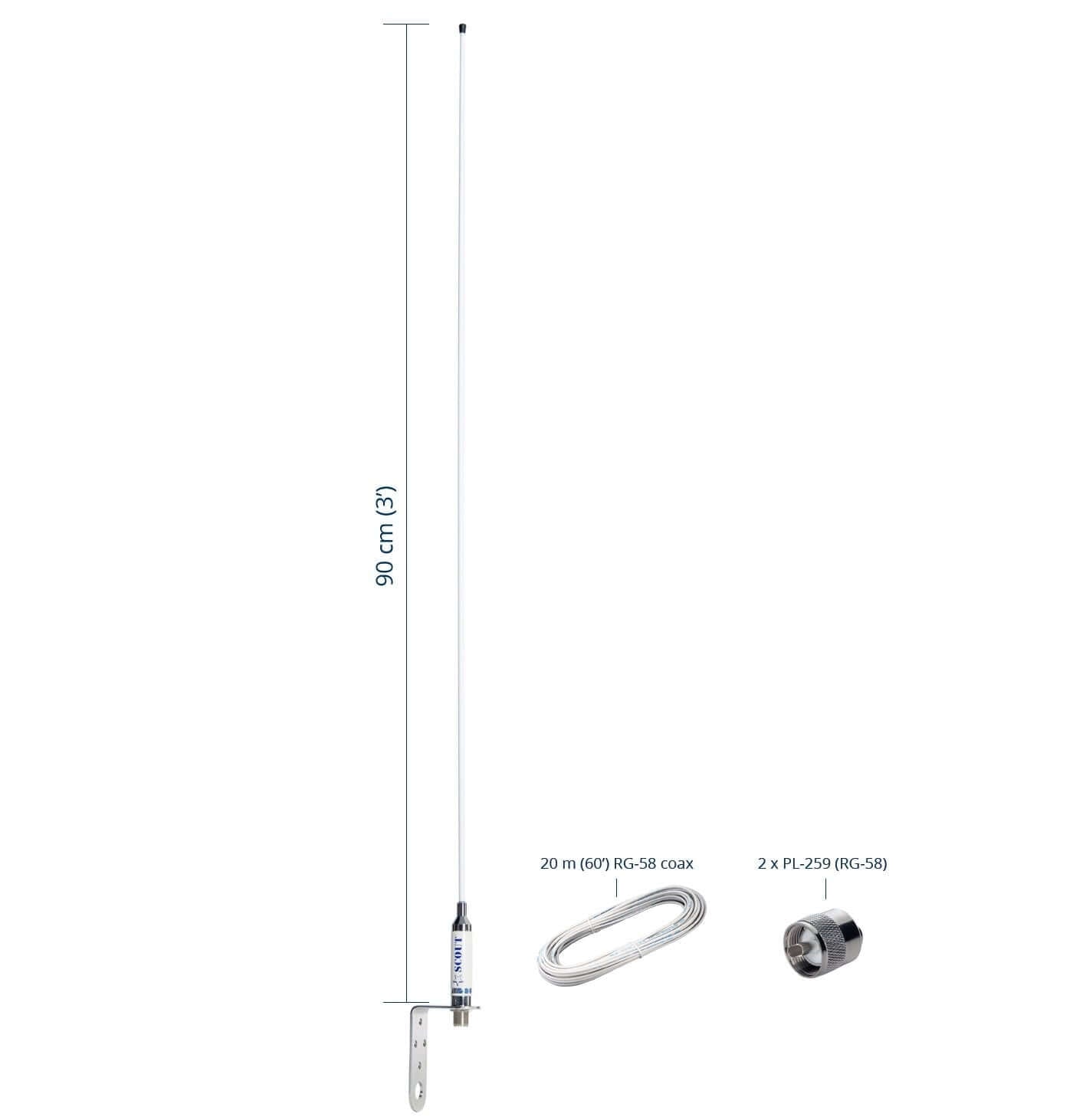 Antenna VHF Scout KM-3F per barche a vela con cavo e connettori