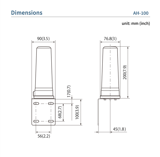 Dimensioni antenna Icom AH-100: altezza 200 mm, larghezza 76.8 mm.
