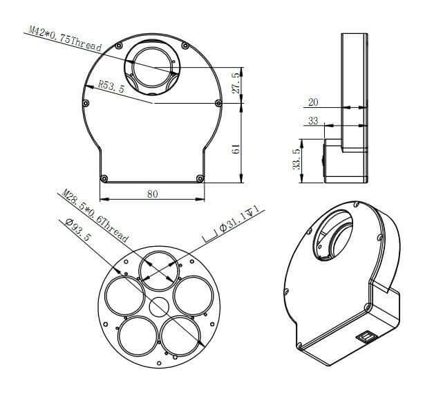 Disegno tecnico della ruota portafiltri ZWO EFW MINI 5 posizioni