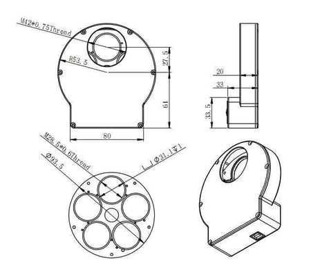 Disegno tecnico della ruota portafiltri ZWO EFW MINI 5 posizioni