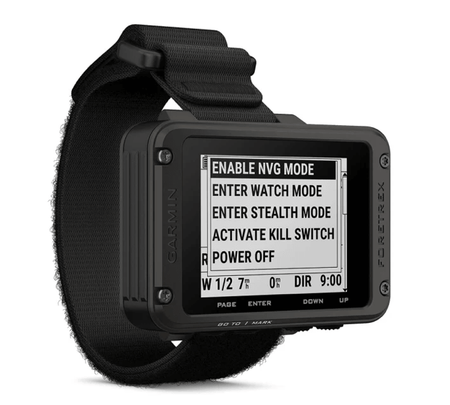 Dispositivo GPS da polso Garmin Foretrex 801 con schermo monocromatico. Funzioni di navigazione e modalità operative visibili.