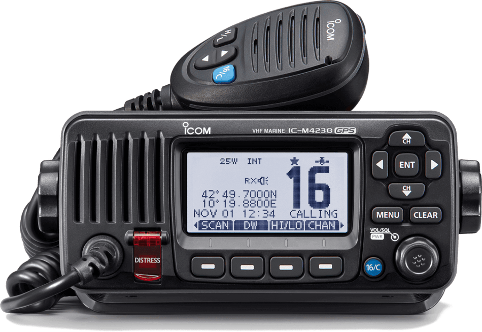 Icom IC-M423GE Nero, ricetrasmettitore VHF compatto con display ad alta luminosità e GNSS integrato, resistente e impermeabile.