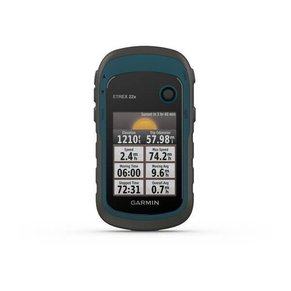 Alt Tag: Dispositivo GPS portatile Garmin eTrex 22x fronte, schermo acceso.