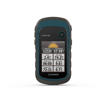 Alt Tag: Dispositivo GPS portatile Garmin eTrex 22x fronte, schermo acceso.