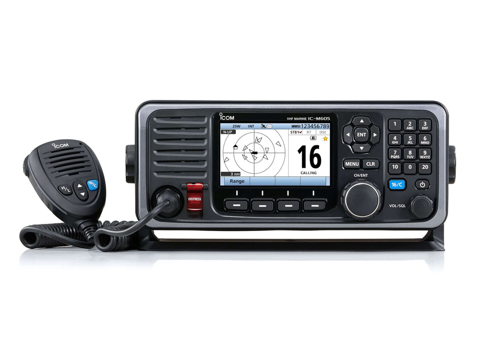 Radio nautica Icom IC-M605E con display e microfono.