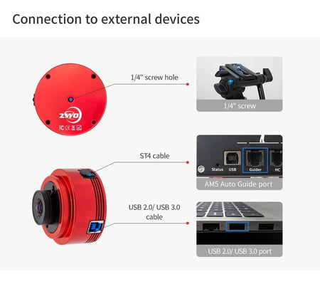 Connessioni della fotocamera ZWO ASI678MC: cavi ST4, USB.