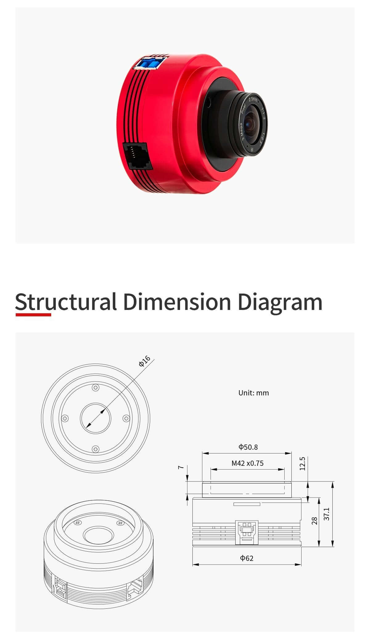 Fotocamera ZWO ASI 678 MC Color e diagramma dimensionale.