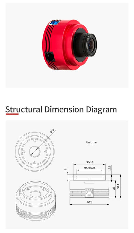 Fotocamera ZWO ASI 678 MC Color e diagramma dimensionale.