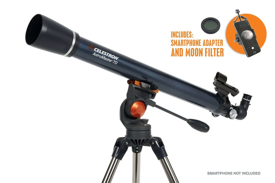 Alt Tag: Celestron Astromaster 70 AZ con adattatore smartphone e filtro lunare, ideale per osservazioni terrestri e astronomiche.