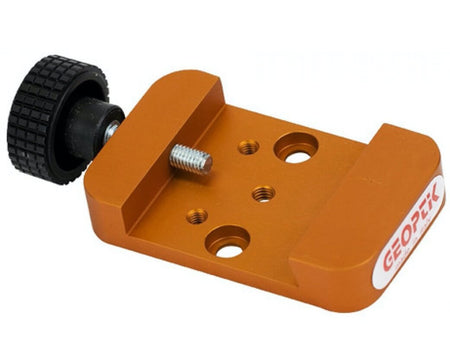 Morsetto Geoptik arancione per slitte Vixen, dimensioni 80x50x15 mm, interasse fori 35 mm, per telescopi.