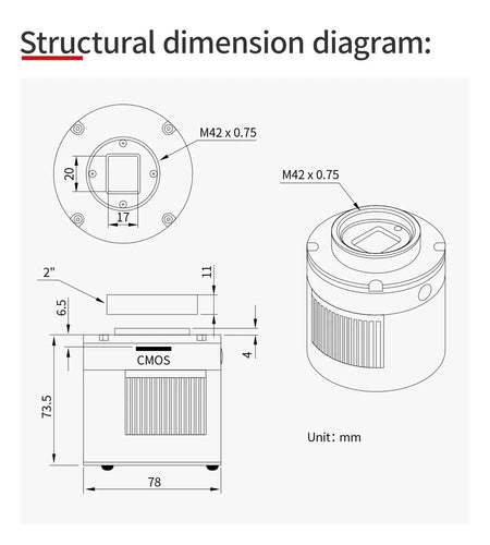 Diagramma dimensionale della ZWO ASI 533 MC Pro Camera CMOS