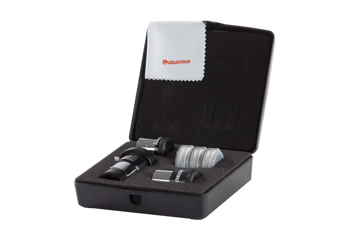 Kit Celestron con oculari e filtri, valigetta aperta e panno