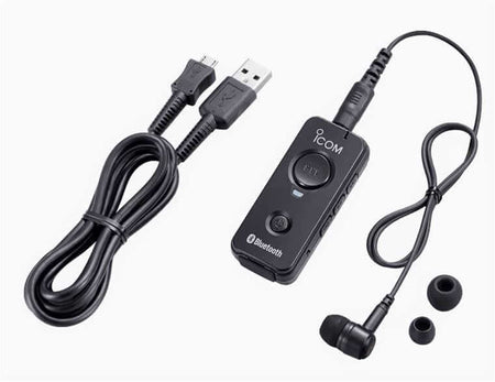 Microfono auricolare Bluetooth Icom VS-3 con PTT per IC-705, ID-5100, IC-2730 e altri ricetrasmettitori, dotato di cavo USB e auricolari.