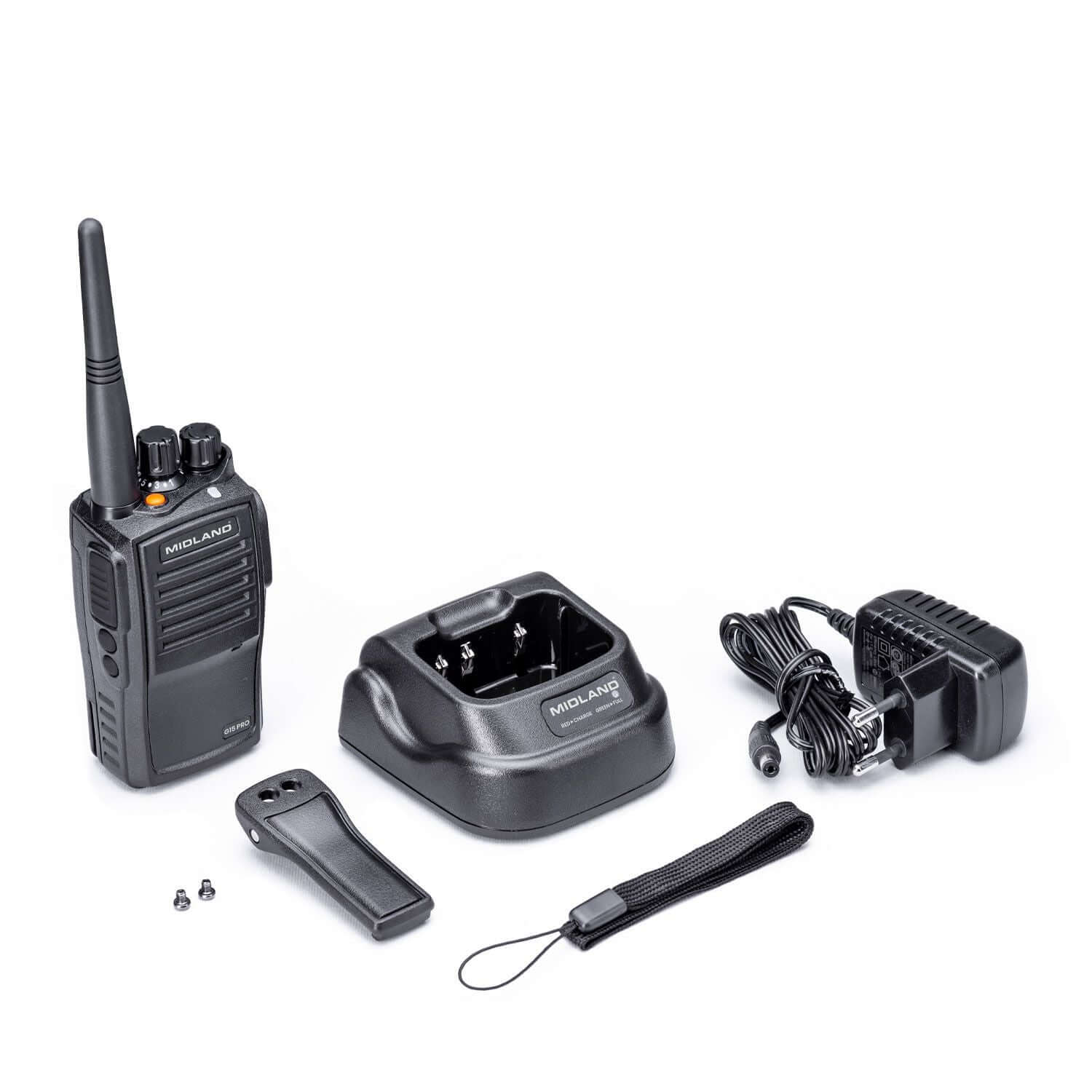 Midland G15 PRO NC Walkie Talkie PMR446 con accessori, chassis robusto.