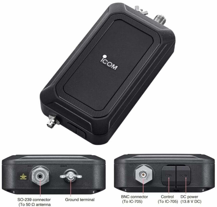 Accordatore d'antenna Icom AH-705 per IC-705, connettori SO-239, BNC, terminale di terra e alimentazione, compatto per radioamatori.