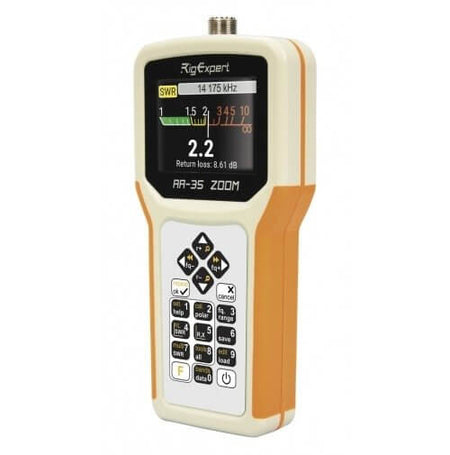 Analizzatore d'antenna portatile RigExpert AA-35 ZOOM, misurazione SWR e parametri cavi da 60 kHz a 35 MHz, display arancione e bianco.