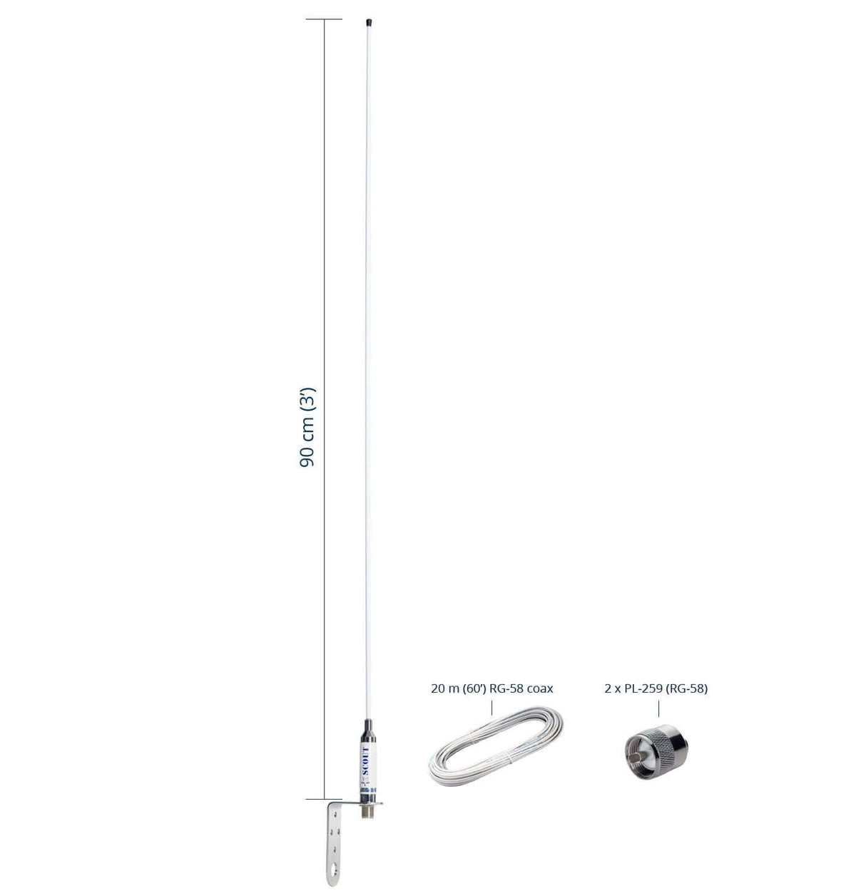 Antenna VHF Scout KM-3F per barche a vela con cavo e connettori