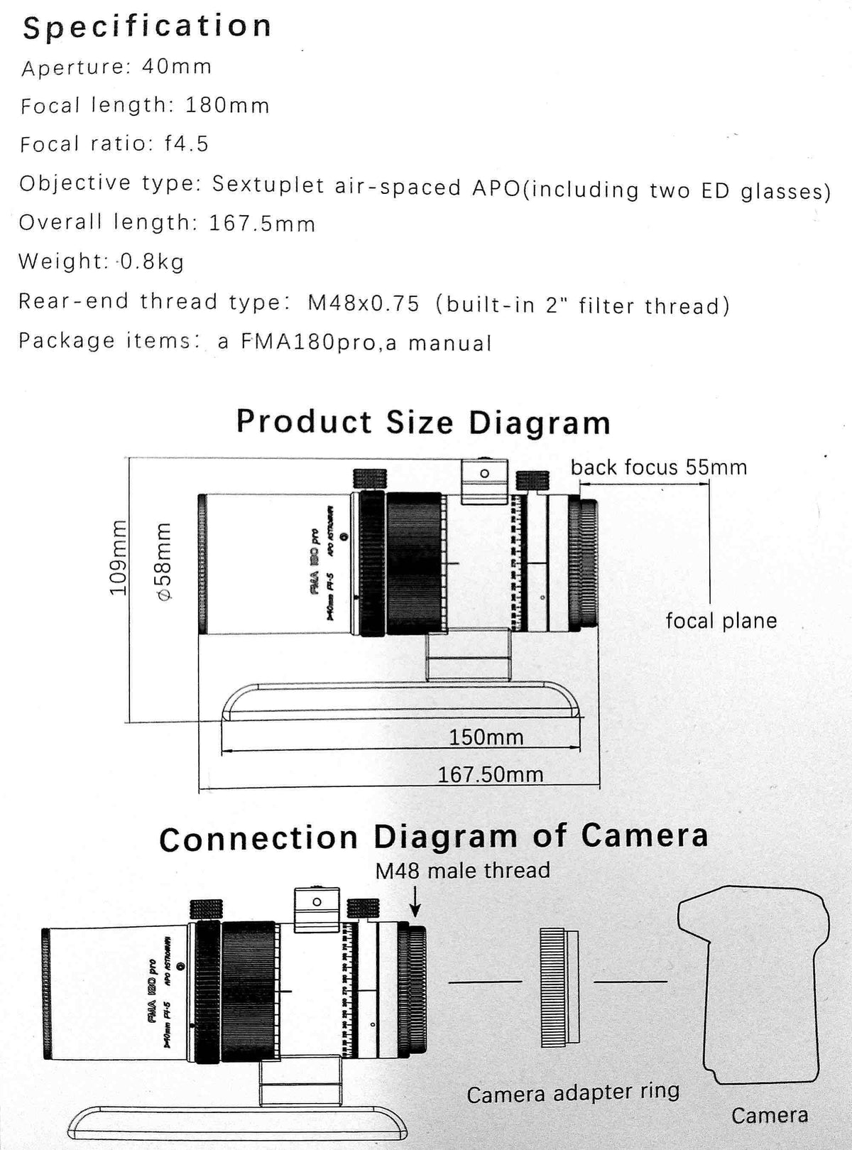 Diagramma delle specifiche e connessioni dell'obiettivo Askar FMA180 PRO.