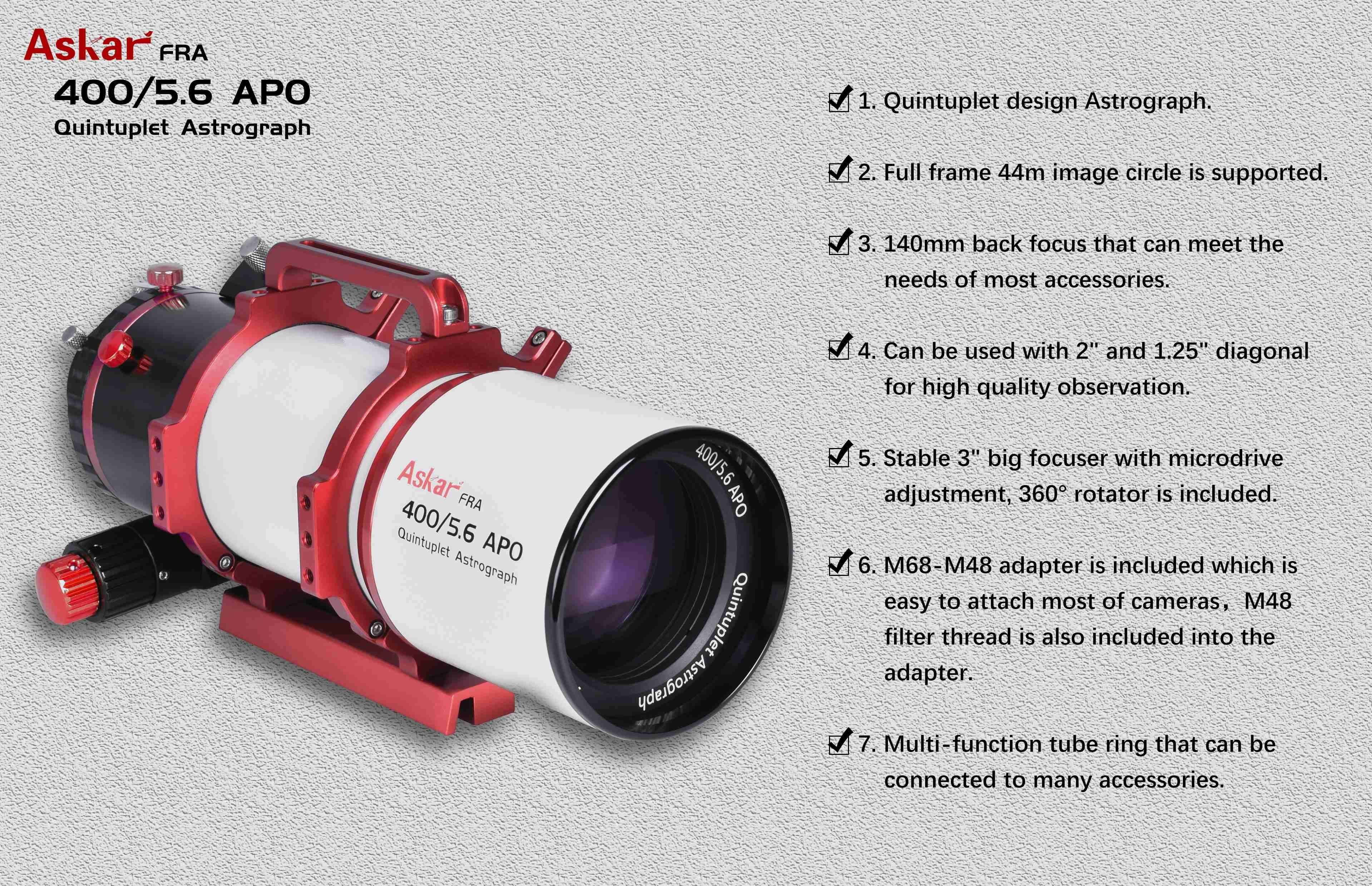Telescopio rifrattore Askar FRA400 f/5.6 APO con caratteristiche e accessori descritti, incluso adattatore M68-M48.