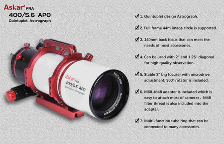 Telescopio rifrattore Askar FRA400 f/5.6 APO con caratteristiche e accessori descritti, incluso adattatore M68-M48.
