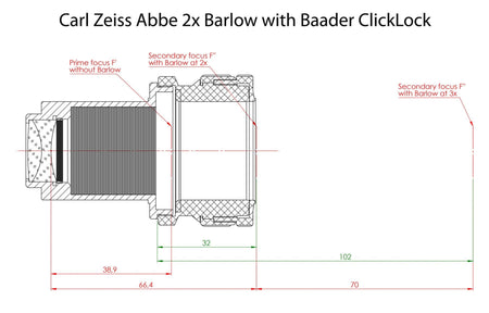 Disegno tecnico lente Barlow Carl Zeiss Abbe 2x con ClickLock