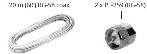 Cavo coassiale RG-58 da 20m con connettori PL-259, kit antenna.