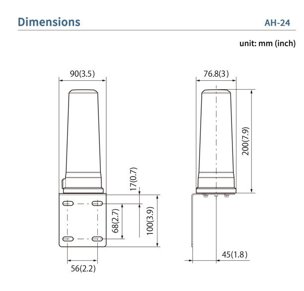 Dimensioni antenna Icom AH-24, vista laterale e frontale.