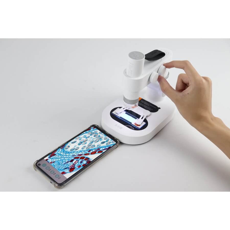 Microscopio digitale DiProgress M1A con smartphone connesso