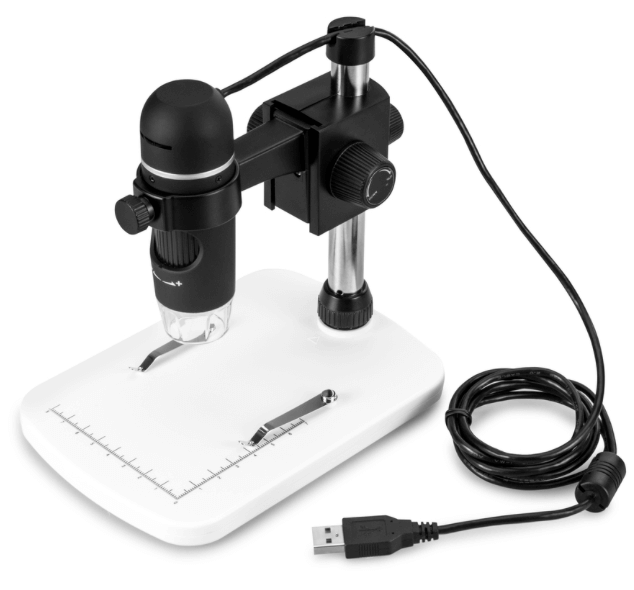 Microscopio digitale DiProgress Hooke USB5 su base bianca.