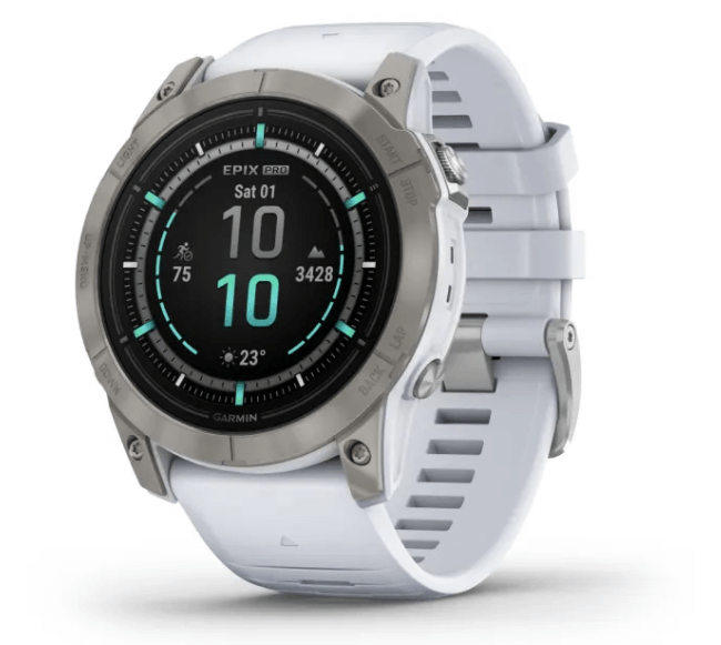 Smartwatch Garmin epix PRO, titanio bianco, display acceso.