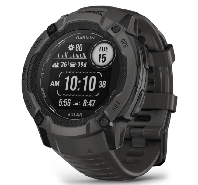 Garmin Instinct 2X Solar Graphite smartwatch robusto con ricarica solare e profili attività, visualizzato in colore grafite grigio.