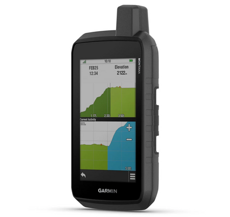 Dispositivo Garmin Montana 710 con mappe topografiche su schermo touchscreen