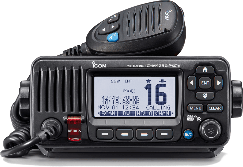 Icom IC-M423GE Nero, ricetrasmettitore VHF compatto con display ad alta luminosità e GNSS integrato, resistente e impermeabile.