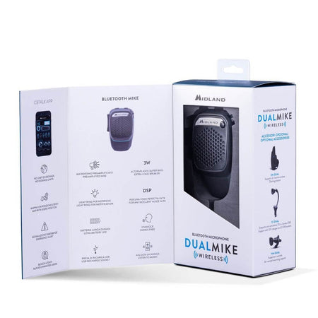 Confezione di Midland Dual Mike Wireless con manuale d'uso.