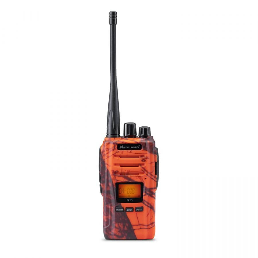 Alt Tag: Ricetrasmittente Midland G13 Blaze PMR446 impermeabile, 99 canali, schermo LCD, design arancione.