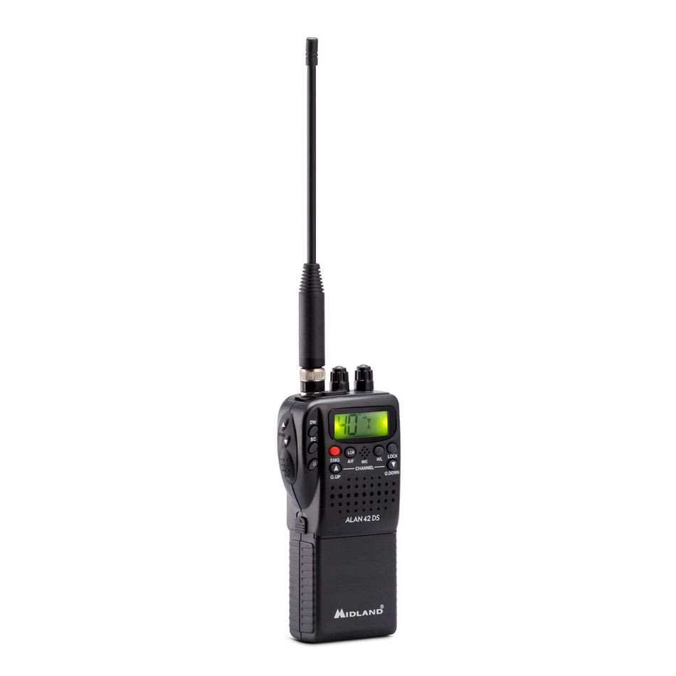 Midland Alan 42 DS Lithium Edition, ricetrasmettitore CB portatile con batteria al litio-ioni, schermo digitale e squelch automatico.
