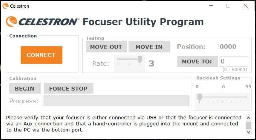 Schermata del programma Celestron Focuser Utility
