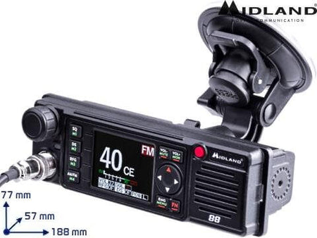 Radio CB professionale Midland 88 con display TFT e supporto ventosa, ideale per camper e fuoristrada.