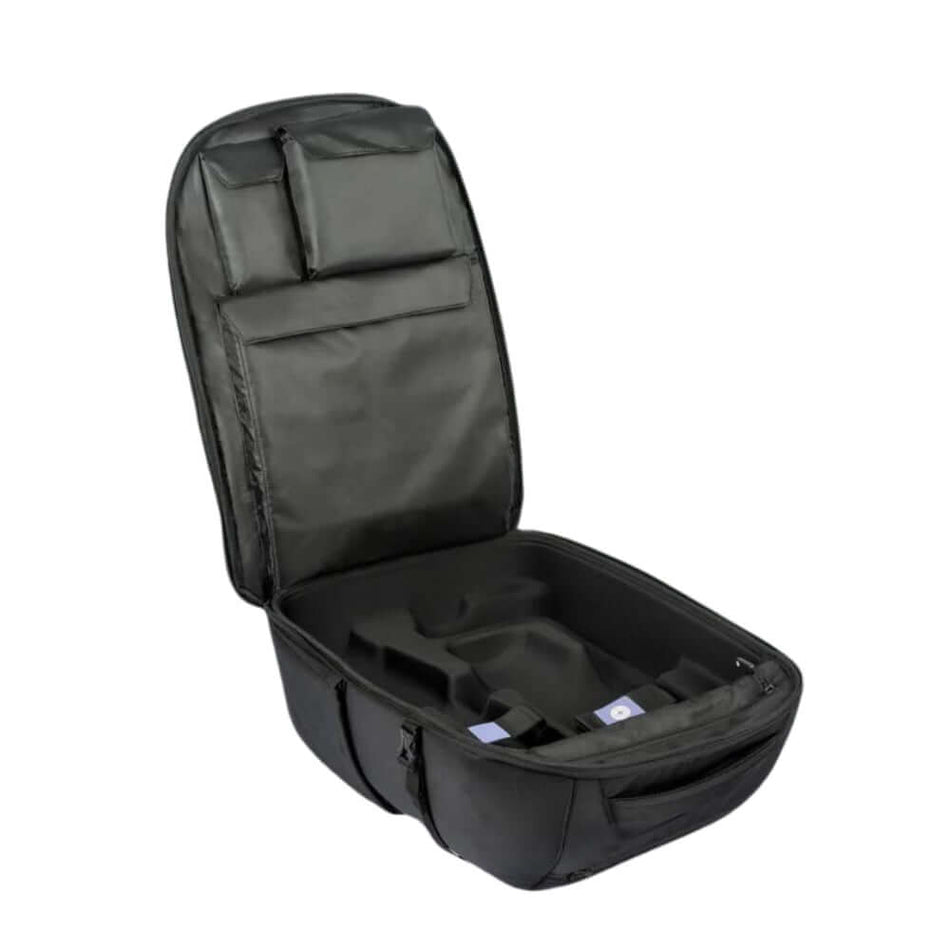 Zaino da trasporto Unistellar aperto, compatibile con telescopi Odyssey e Odyssey Pro, colore nero, robusto e spazioso.