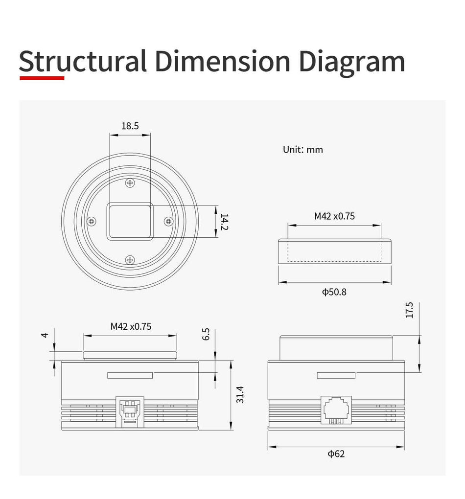 Diagramma delle dimensioni strutturali in mm della camera ZWO ASI