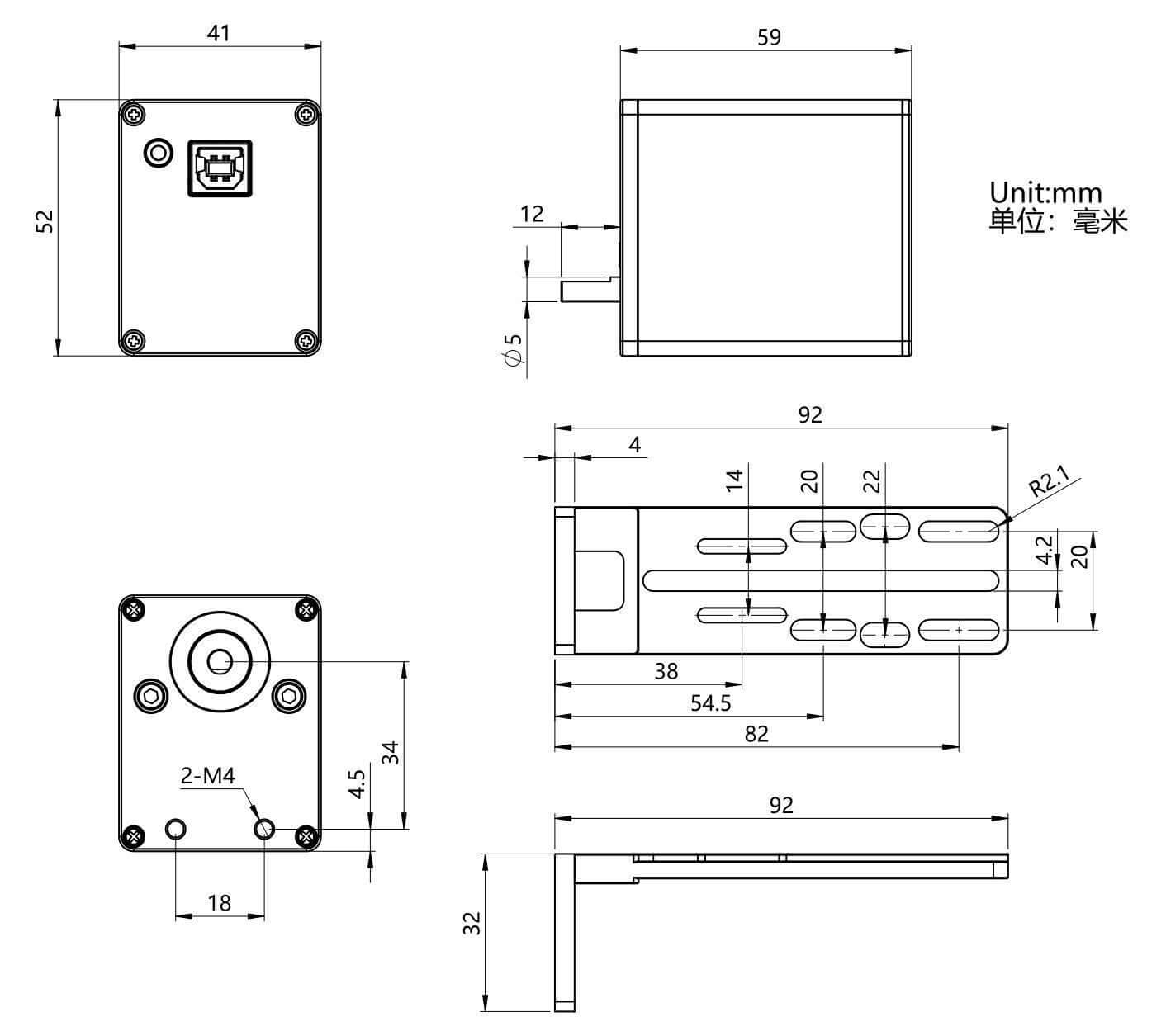 Disegno tecnico del focheggiatore elettronico ZWO EAF 5v.