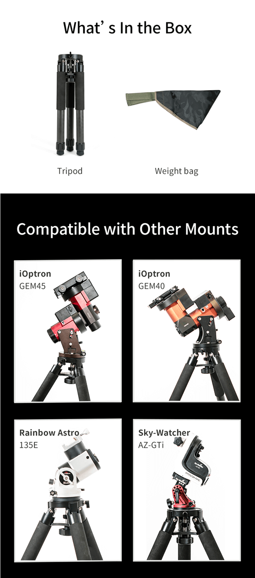 Contenuto confezione treppiede ZWO TC40 compatibile montature GEM45, GEM40, Rainbow Astro 135E, SkyWatcher AZ-GTi.